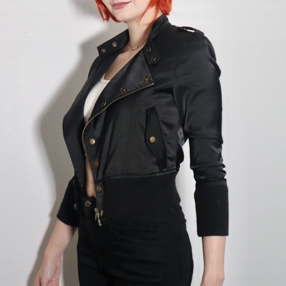 Gold Buttoned Silky Black Biker Jacket - Picture 2 of 16